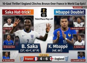 FIFA World Cup 2026: England Clinches Third Place After a 10-Goal Thriller Against France; Saka Hits Hat-Trick